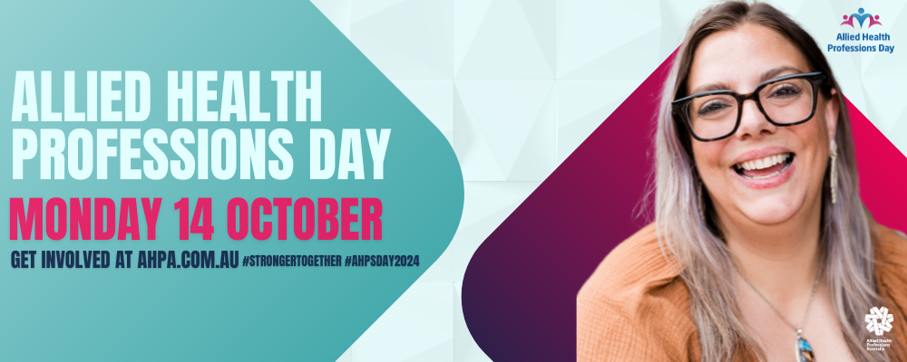 A banner image with the words Allied Health Professions Day Monday 14 October 2024 and an image a smiling lady in glasses