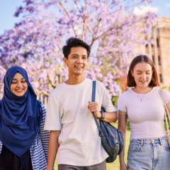 Three students walking in the Great Court on a sunny day