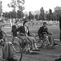 Members of the Australian team at the 1960 Rome Summer Paralympics Opening Ceremony. L-R: Bill Mather-Brown, Kevin Cunningham, Daphne Ceeney (later Hilton), Kevin Coombs and officials Kevin Betts and David Cheshire.