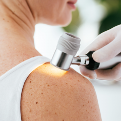 Close up of woman's shoulder gettign inspected for melanoma