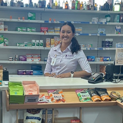 Priscilla Daniells working in a pharmacy