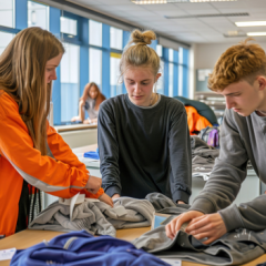 Three students searching through clothes