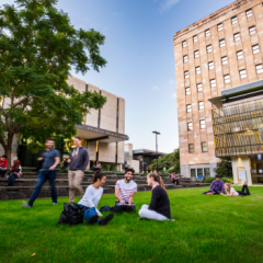 Students sitting on a grass area