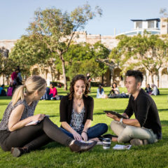 Three students sitting on a grass area